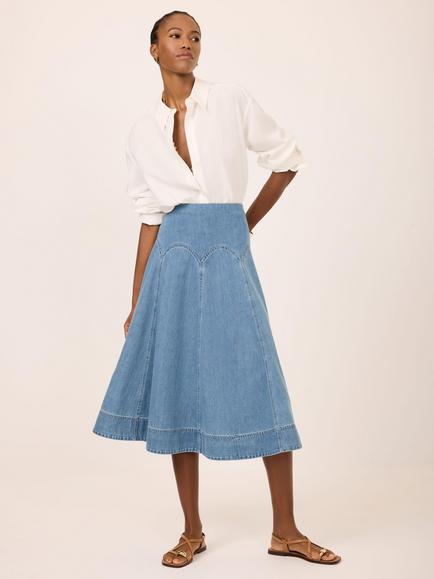 Mint Velvet Cotton Rich A Line Midi Skirt, Blue, Blue