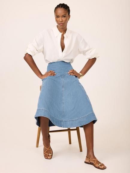 Mint Velvet Cotton Rich A Line Midi Skirt, Blue - view 2, Blue