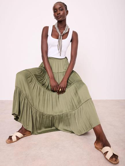 Mint Velvet Tiered A Line Maxi Skirt, Green Khaki, Green Khaki