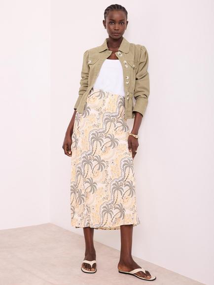 Mint Velvet Palm Print Midi Skirt, Green/Multi, Green/Multi