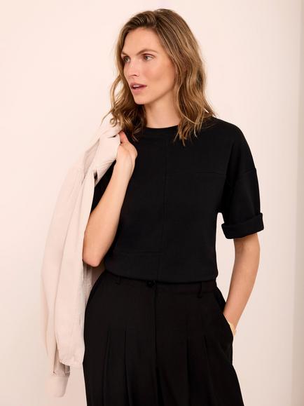 Mint Velvet Cotton Seam Detail T-Shirt, Black, Black