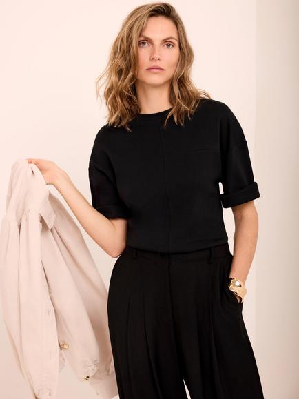 Mint Velvet Cotton Seam Detail T-Shirt, Black - view 2, Black