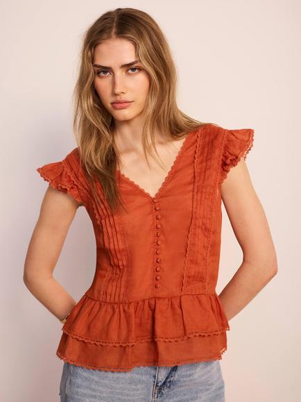 Mint Velvet Ruffle Detail Cap Sleeve Top, Orange