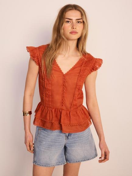 Mint Velvet Ruffle Detail Cap Sleeve Top - view 2, Orange