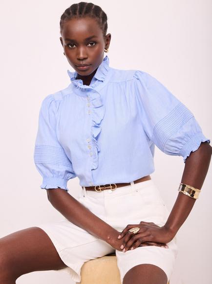 Mint Velvet Chambray Ruffle Top, Blue