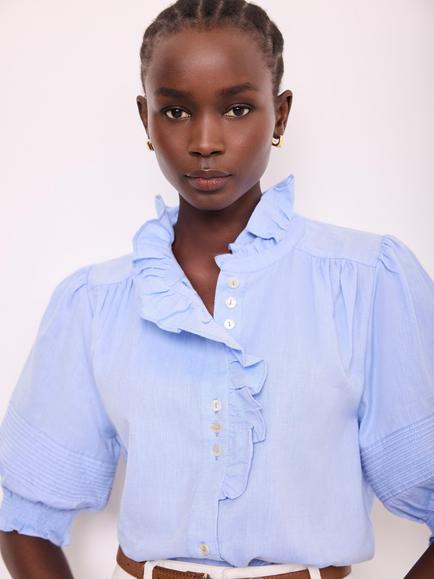 Mint Velvet Chambray Ruffle Top - view 2, Blue