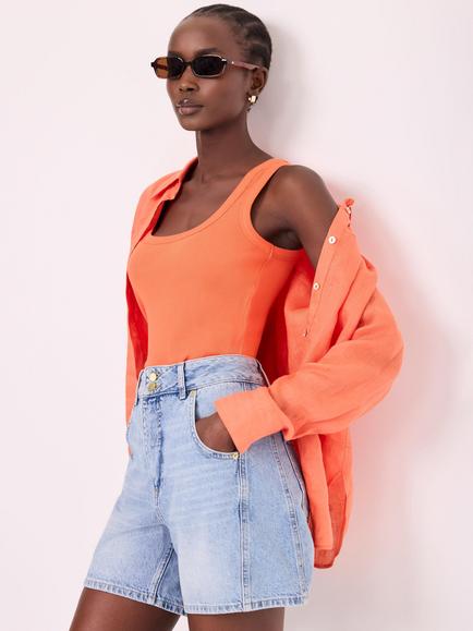 Mint Velvet Scoop Neck Cotton Rich Vest & Cami, Orange, Orange