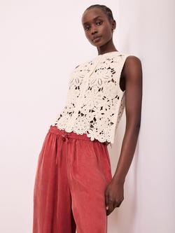 Mint Velvet Crochet Waistcoat Cotton Rich Top, Natural Stone - view 2, Natural Stone