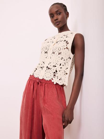 Mint Velvet Crochet Waistcoat Cotton Rich Top, Natural Stone - view 2, Natural Stone