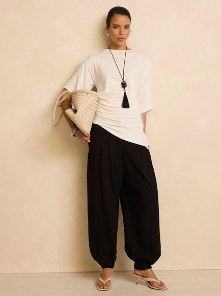 Mint Velvet Draped Asymmetric Viscose Rich Boat Neck T-Shirt, White Ivory, White Ivory