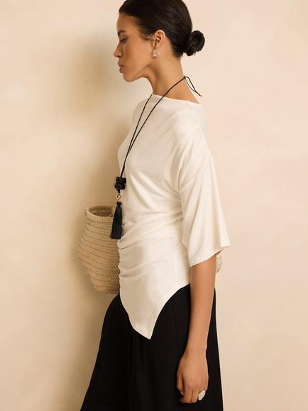 Mint Velvet Draped Asymmetric Viscose Rich Boat Neck T-Shirt, White Ivory - view 2, White Ivory