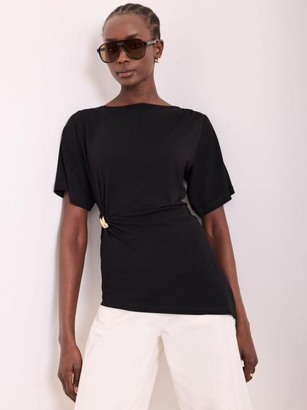 Mint Velvet Draped Asymmetric Viscose Rich Boat Neck T-Shirt, Black Black