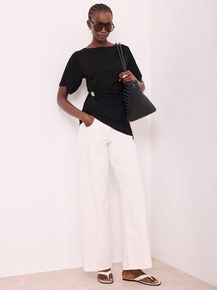 Mint Velvet Draped Asymmetric Viscose Rich Boat Neck T-Shirt - view 2, Black Black