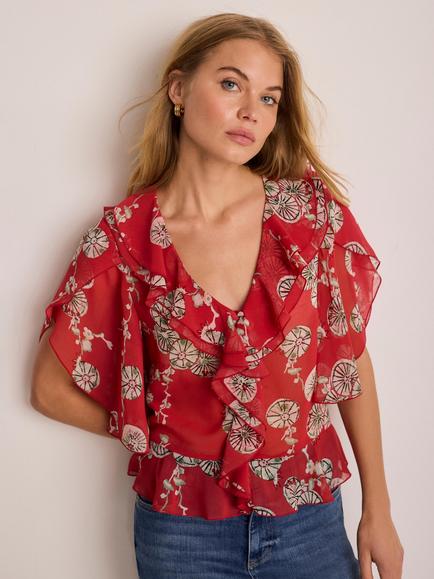Mint Velvet Printed Ruffle Blouse, Red/Multi, Red/Multi
