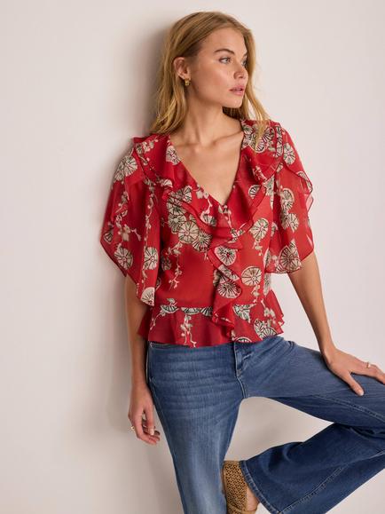 Mint Velvet Printed Ruffle Blouse, Red/Multi - view 2, Red/Multi