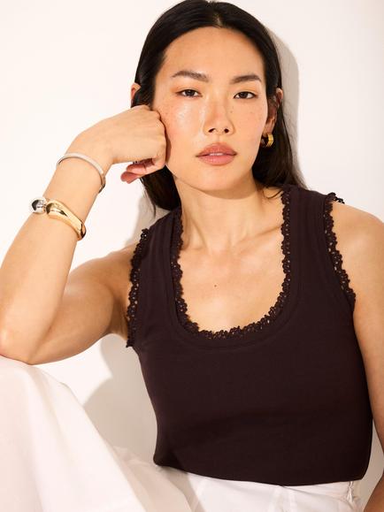 Mint Velvet Crochet Trim Cotton Rich Tank Top, Brown, Brown