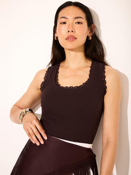Mint Velvet Crochet Trim Cotton Rich Tank Top, Brown - view 2, Brown