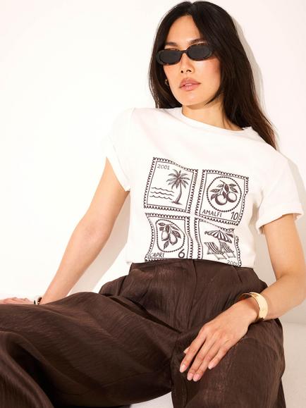 Mint Velvet Cotton Stamp Graphic Crew Neck T-Shirt, White Ivory - view 2, White Ivory