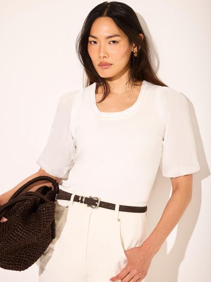 Mint Velvet Puff Sleeve T-Shirt, White Ivory, White Ivory