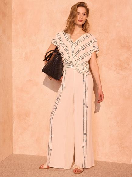 Mint Velvet Rope Print Wide Leg Trousers, Natural Cream - view 2, Natural Cream