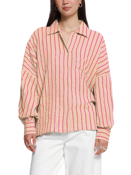 ICHI Stripe Long Sleeve Top, Azalea, Azalea