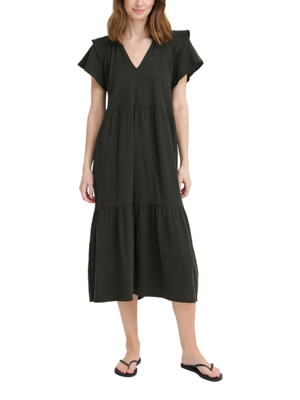 ICHI Ihlifana Tiered Midi Dress, Black, Black