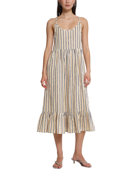ICHI Iafoxa Stripe Fit and Flare Midi Dress, Meteorite, Meteorite