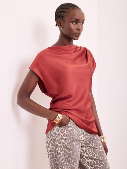Mint Velvet Satin Ruched Top, Red - view 2, Red