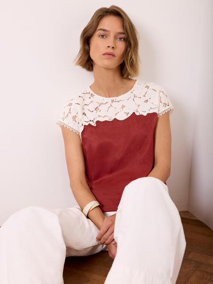 Mint Velvet Satin Lace Top, Red, Red