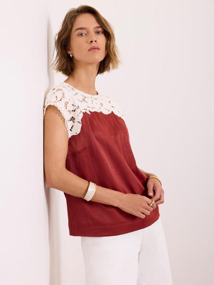 Mint Velvet Satin Lace Top, Red - view 2, Red