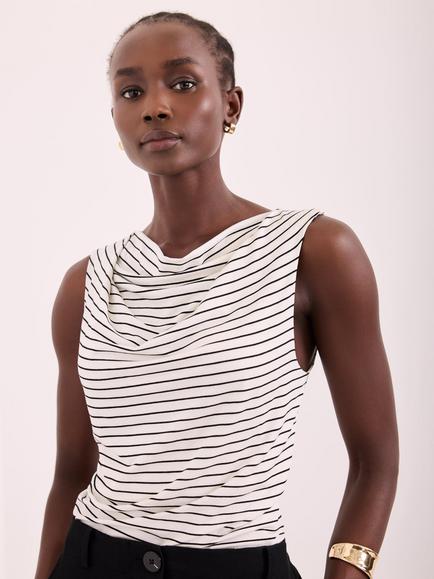 Mint Velvet Stripe Cowl Neck Top, White Ivory, White Ivory
