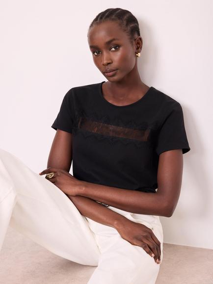 Mint Velvet Lace Trim Cotton Rich T-Shirt, Black, Black