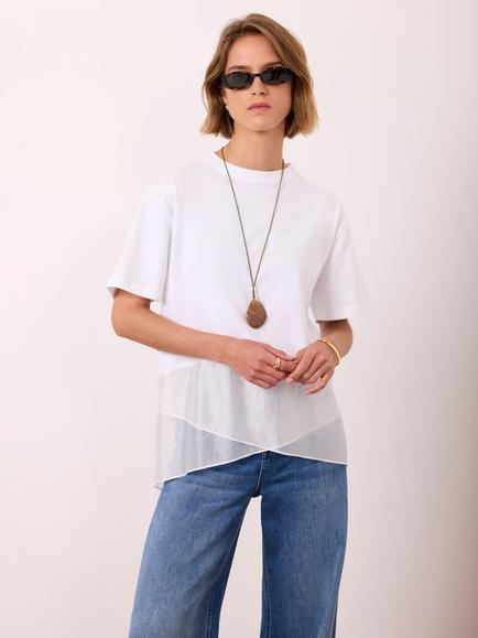 Mint Velvet Cotton Mix Satin Trim T-Shirt, White Ivory, White Ivory