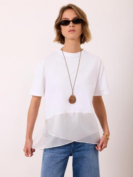 Mint Velvet Cotton Mix Satin Trim T-Shirt, White Ivory - view 2, White Ivory