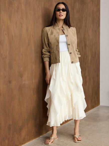 Mint Velvet Ruffle Midi Skirt, Natural Cream, Natural Cream
