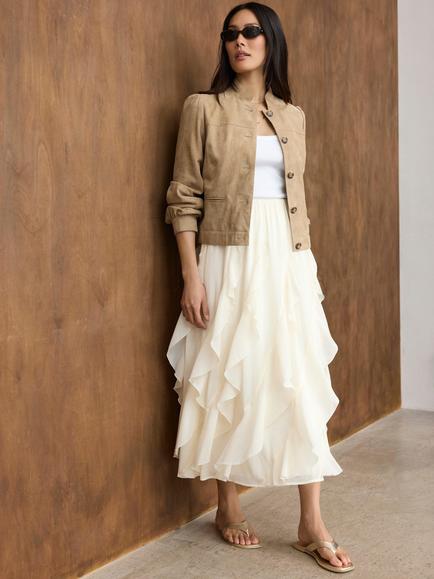 Mint Velvet Ruffle Midi Skirt, Natural Cream - view 2, Natural Cream