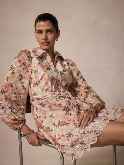 Mint Velvet Long Sleeve Floral Shirt Dress, Pink/Multi - view 2, Pink/Multi