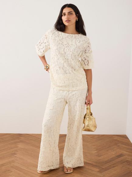 Mint Velvet Floral Lace High Rise Wide Leg Trousers, White Ivory, White Ivory