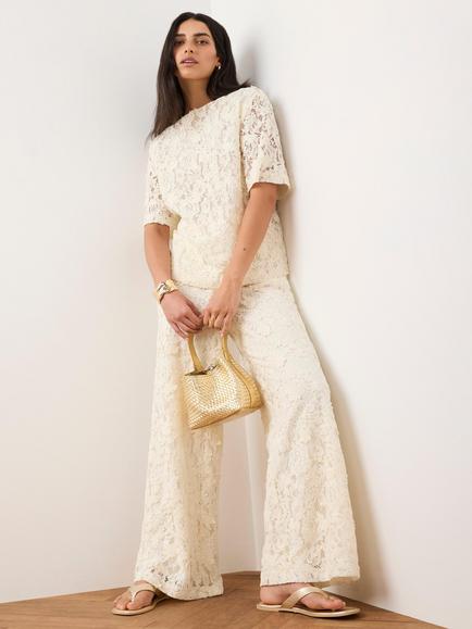 Mint Velvet Floral Lace High Rise Wide Leg Trousers, White Ivory - view 2, White Ivory