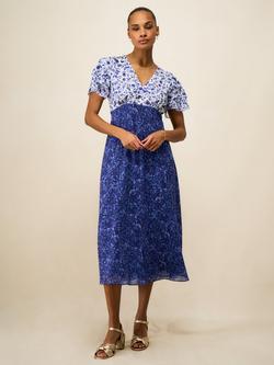 Crew Clothing Henley Flutter Sleeve Tea Dress, Blue/White, Blue/White