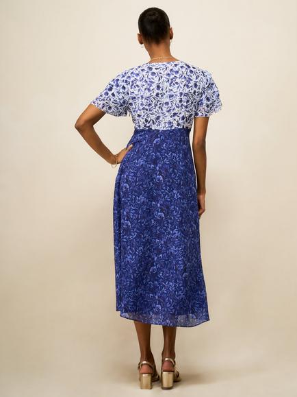 Crew Clothing Henley Flutter Sleeve Tea Dress, Blue/White - view 2, Blue/White