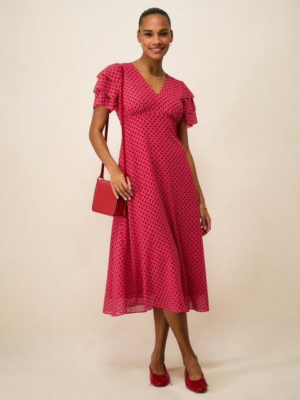 Crew Clothing Henley Flutter Sleeve Tea Dress, Red, Red