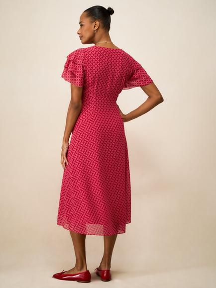 Crew Clothing Henley Flutter Sleeve Tea Dress, Red - view 2, Red