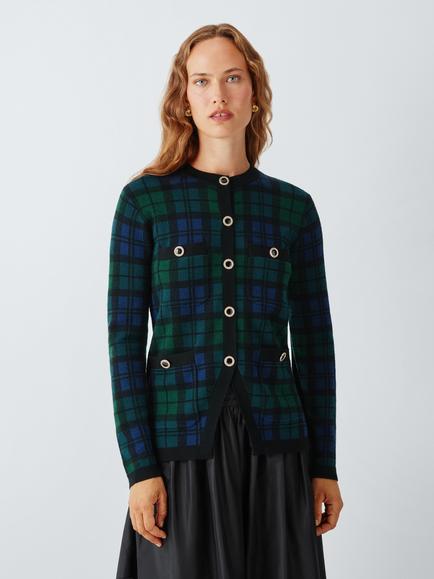 John Lewis x RIXO Raylene Merino Wool Check Cardigan, Blue/Multi, Blue/Multi