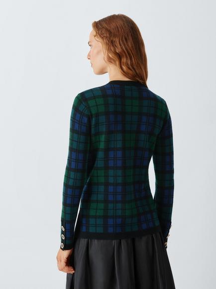 John Lewis x RIXO Raylene Merino Wool Check Cardigan, Blue/Multi - view 2, Blue/Multi