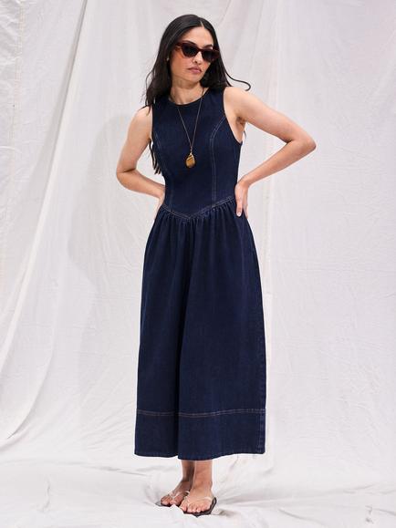 Ro&Zo Petite Denim Midi Dress, Blue - view 2, Blue