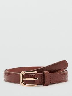 Mango Cinturon Slim Embossed Oval Buckle Belt, Brown, Brown