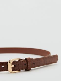 Mango Cinturon Slim Embossed Oval Buckle Belt, Brown - view 2, Brown