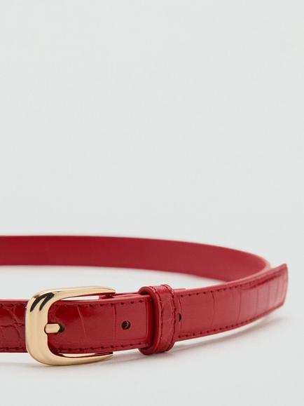 Mango Skinny Embossed Belt, Red - view 2, Red