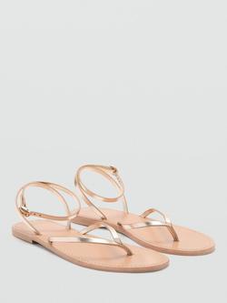Mango Leather Ankle Strap Thong Sandals, Gold - view 2, Gold
